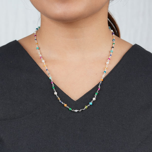 Multicolour Small Stone Ganthan Necklace with Pearls – 20 Inches (Project Handmade)