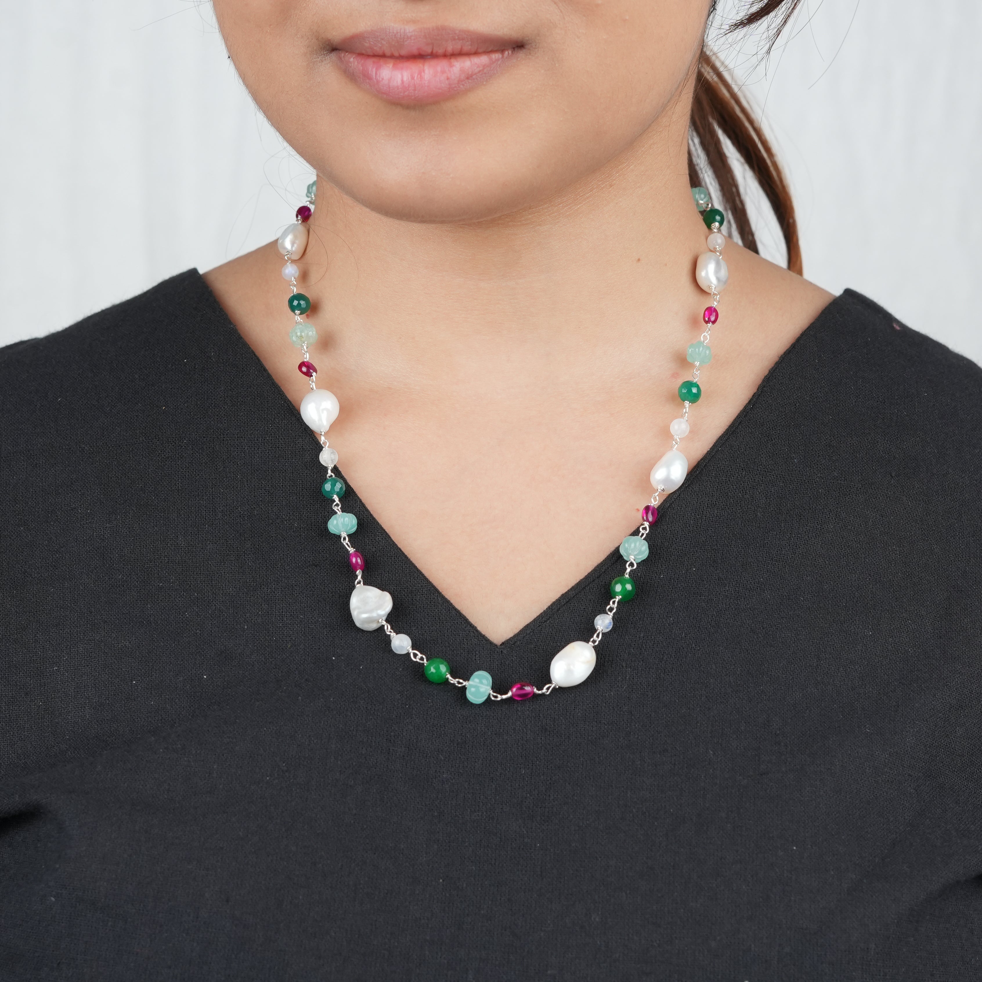 Multicolour Stone Ganthan Necklace with Baroque Pearls – 20 Inches (Project Handmade)