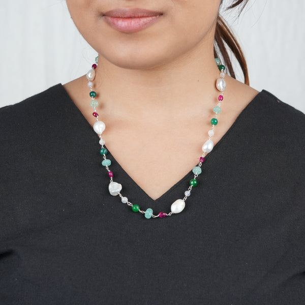 Handcrafted multicolour gemstone Ganthan necklace with baroque pearls
