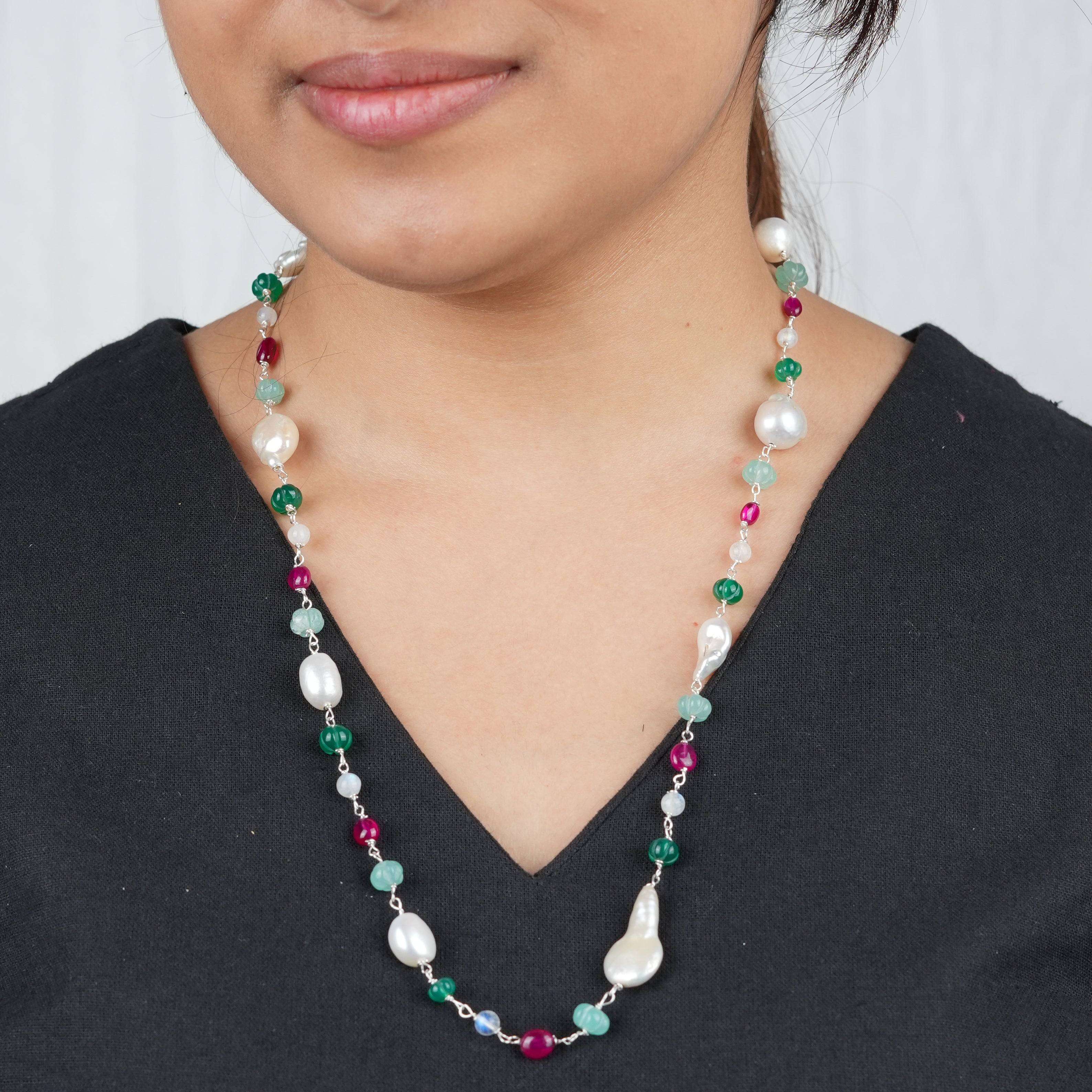 Handcrafted multicolour gemstone Ganthan necklace with baroque pearls