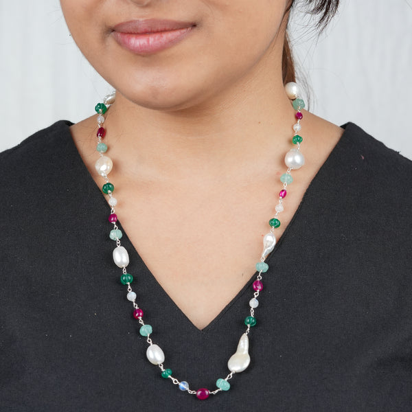 Handcrafted multicolour gemstone Ganthan necklace with baroque pearls