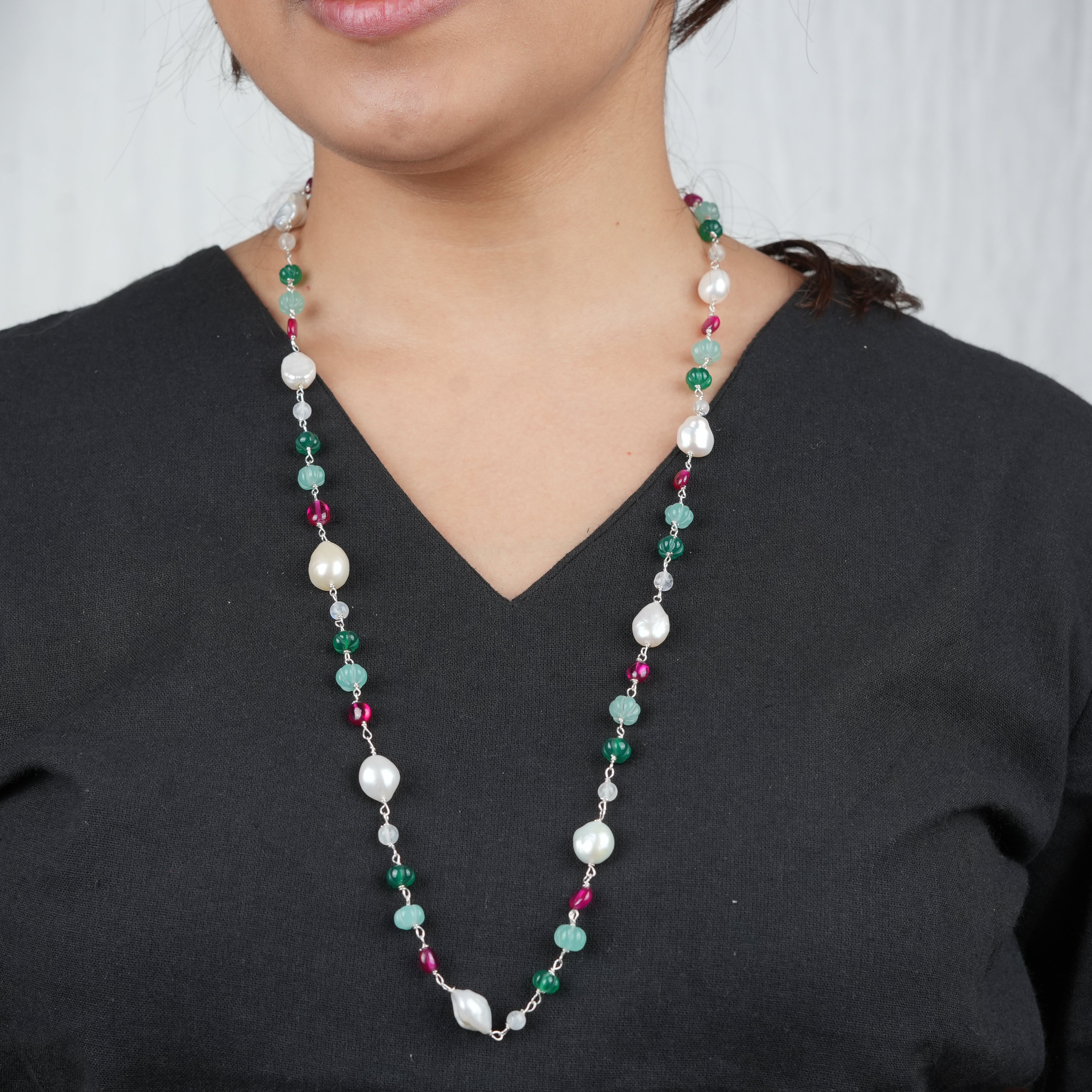 Multicolour Stone Ganthan Necklace with Baroque Pearls – 26 Inches (Project Handmade)
