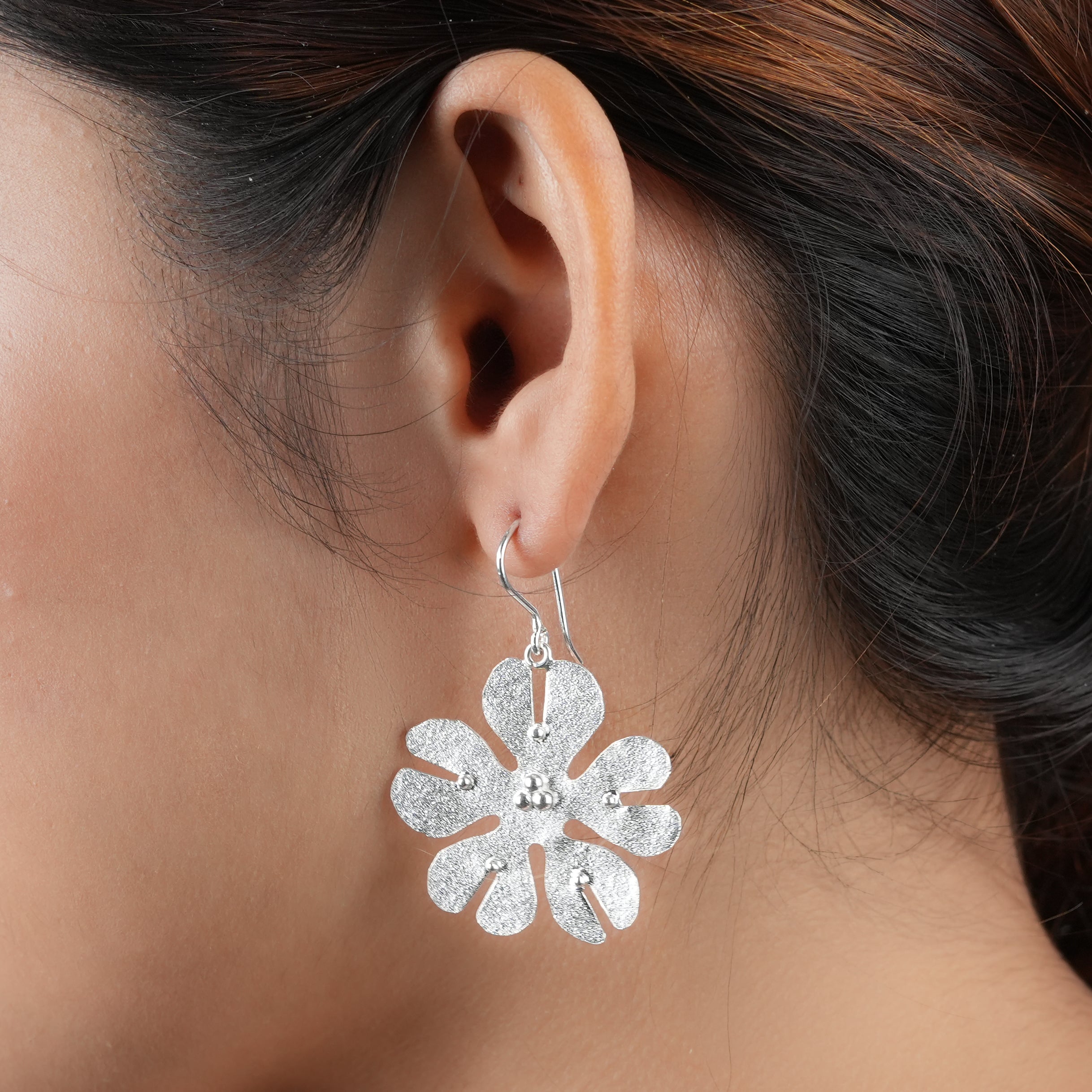 Silver Textured Flower Earrings
