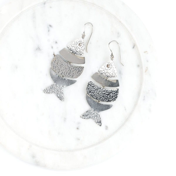 Silver Textured Fish Earrings