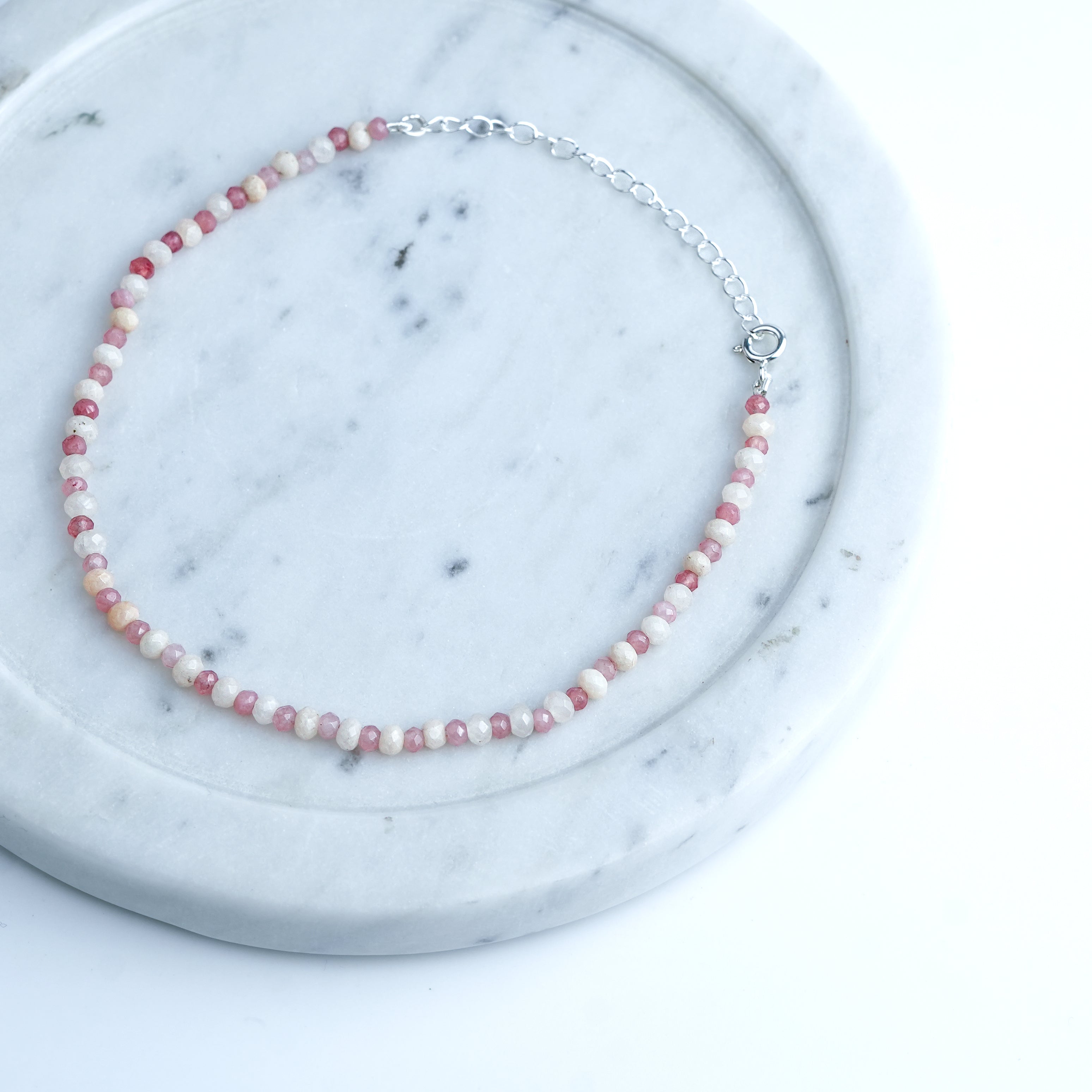 White & Pink Jade Silver Anklet (Project Handmade)