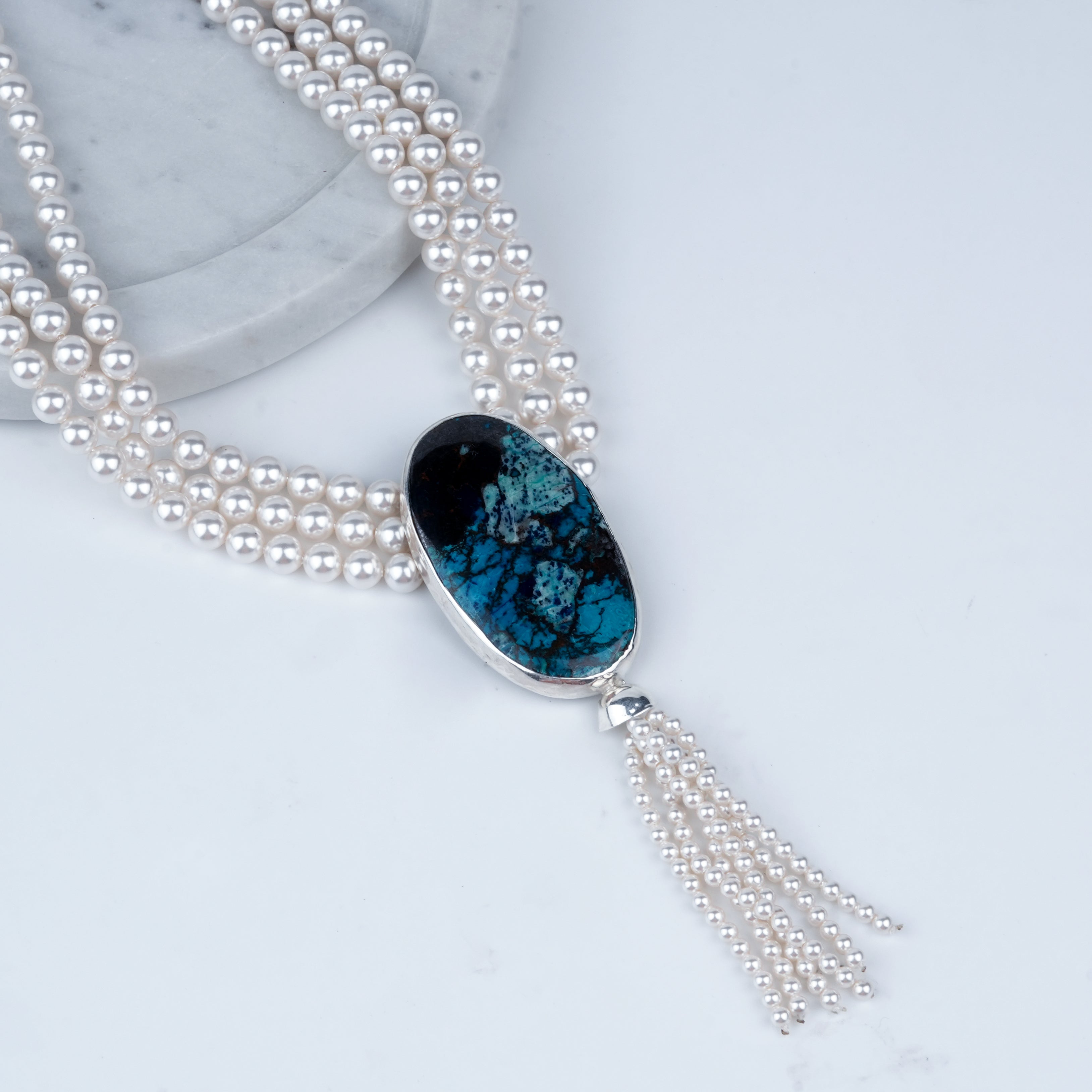Luxe Necklace – Oval Chrysocolla & Pearls