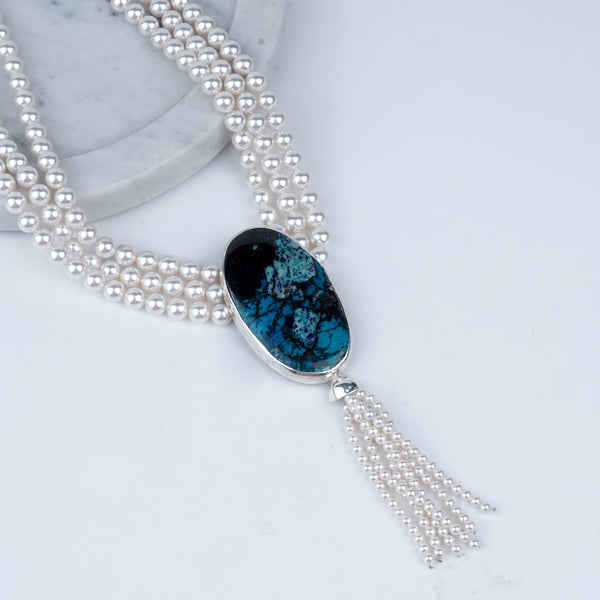 Luxe Necklace – Oval Chrysocolla & Pearls