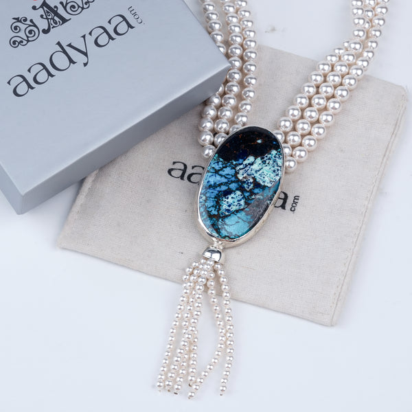 Luxe Necklace – Oval Chrysocolla & Pearls