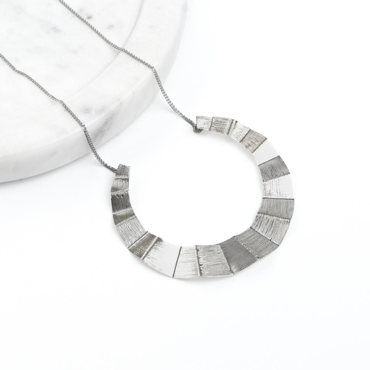 Silver Textured Crescent Pendant Necklace