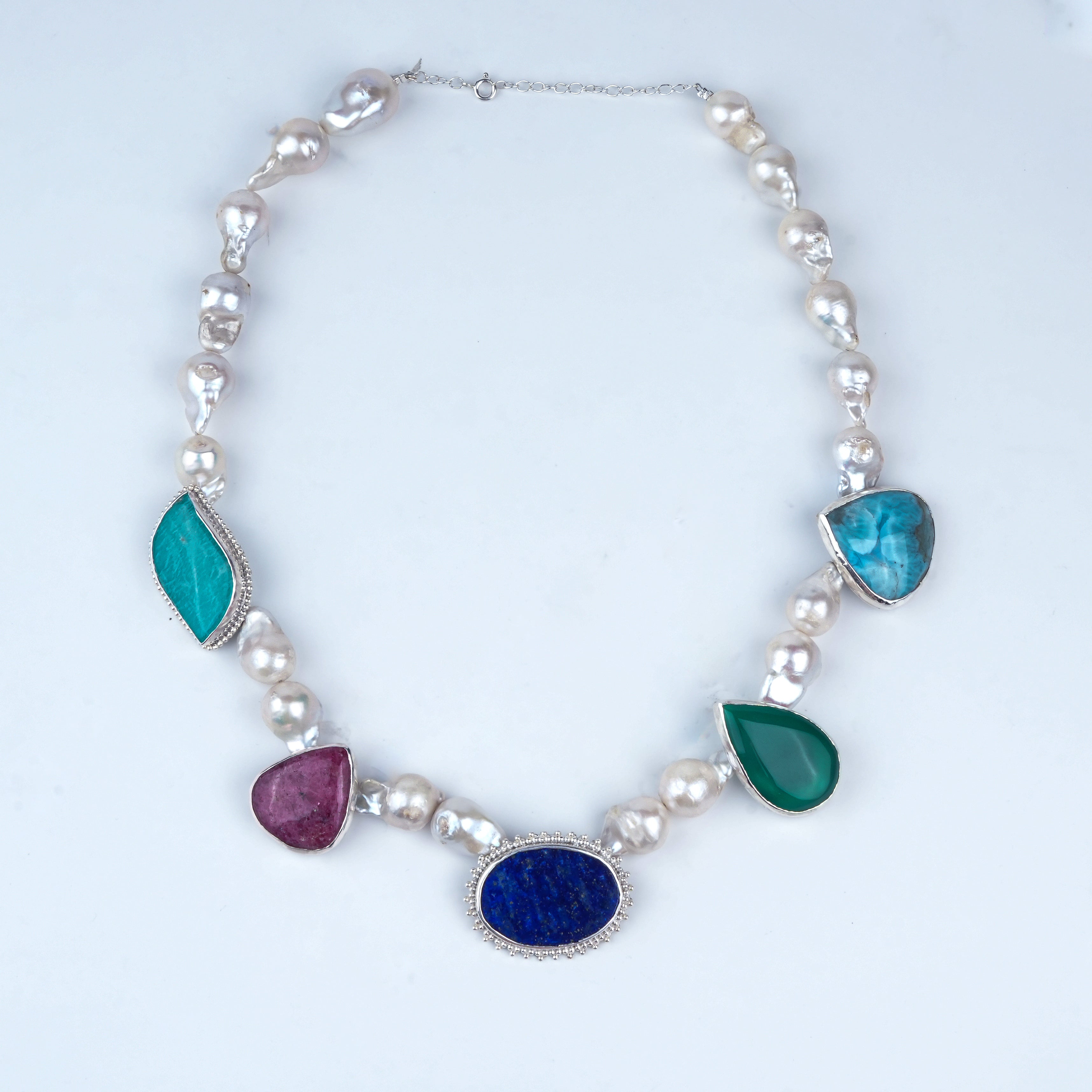 Luxe Necklace – Rhodonite, Larimar, Amazonite, Green Onyx, Lapis Lazuli & Baroque Pearls