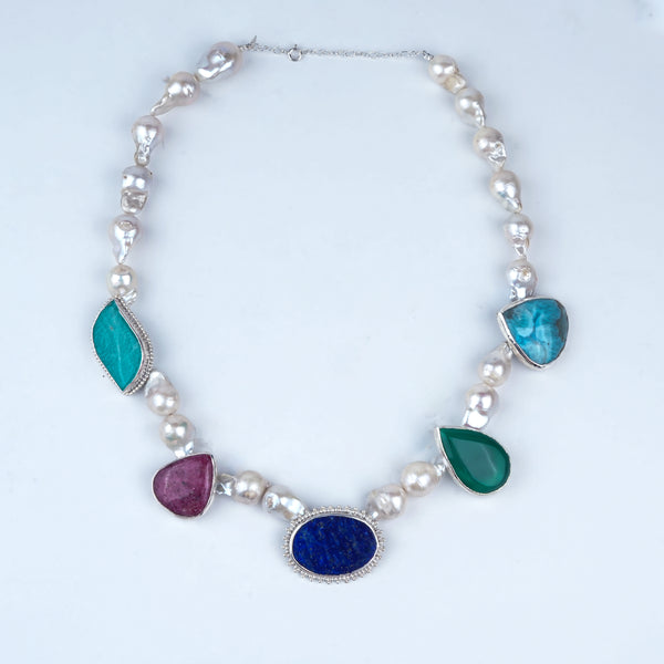 Luxe Necklace – Rhodonite, Larimar, Amazonite, Green Onyx, Lapis Lazuli & Baroque Pearls