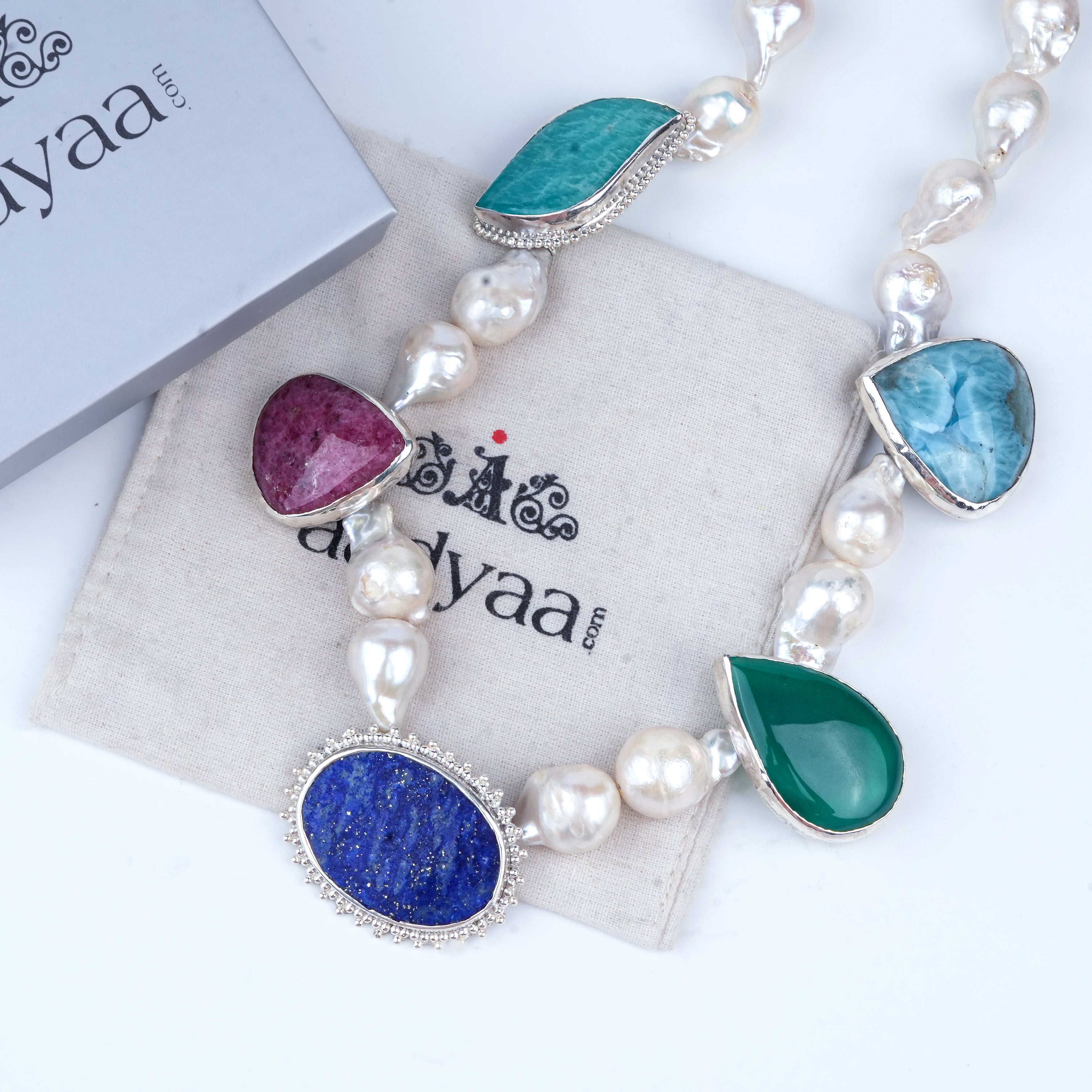 Luxe Necklace – Rhodonite, Larimar, Amazonite, Green Onyx, Lapis Lazuli & Baroque Pearls