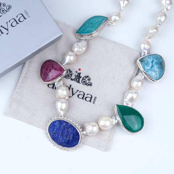 Luxe Necklace – Rhodonite, Larimar, Amazonite, Green Onyx, Lapis Lazuli & Baroque Pearls