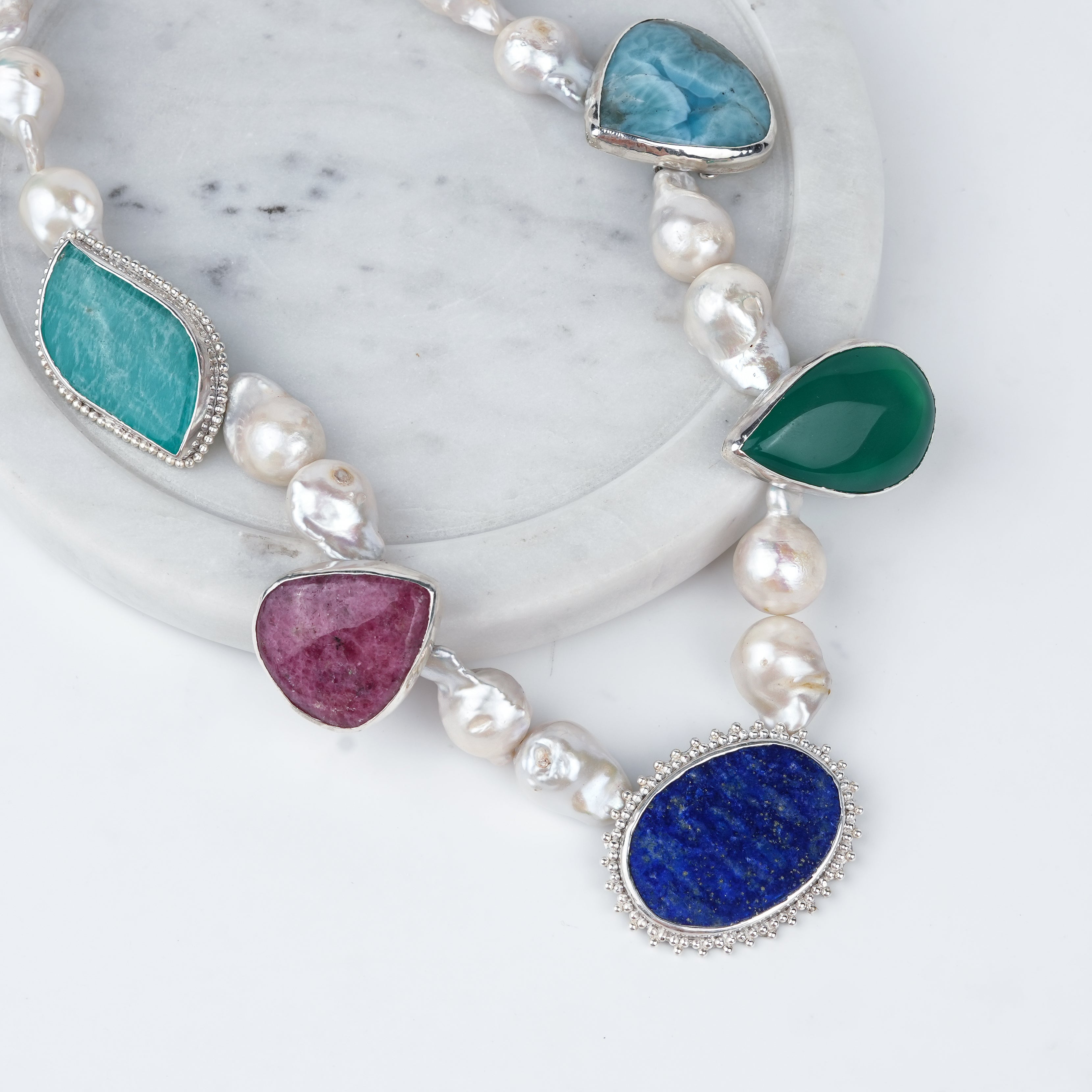 Luxe Necklace – Rhodonite, Larimar, Amazonite, Green Onyx, Lapis Lazuli & Baroque Pearls