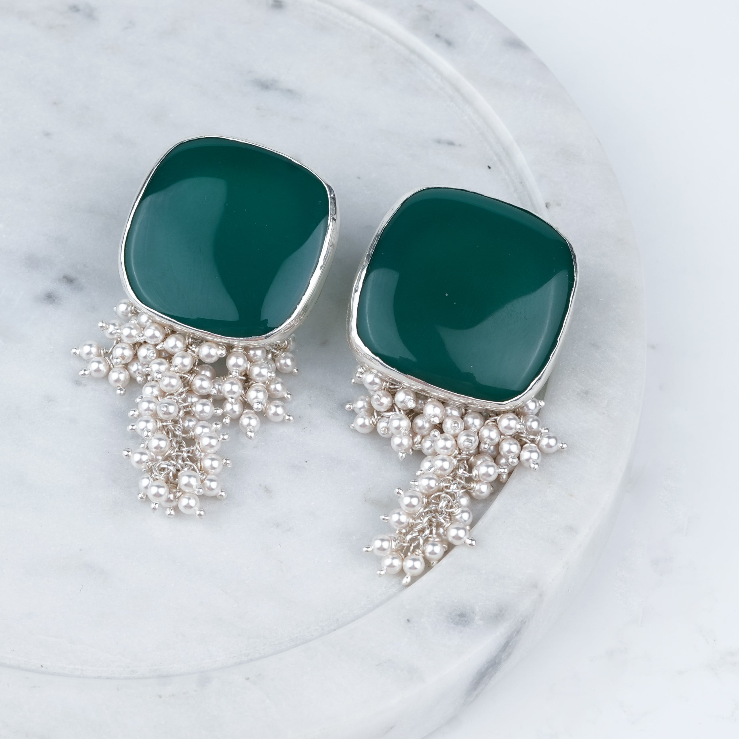 Luxe Earrings – Green Onyx & Pearl Bunch
