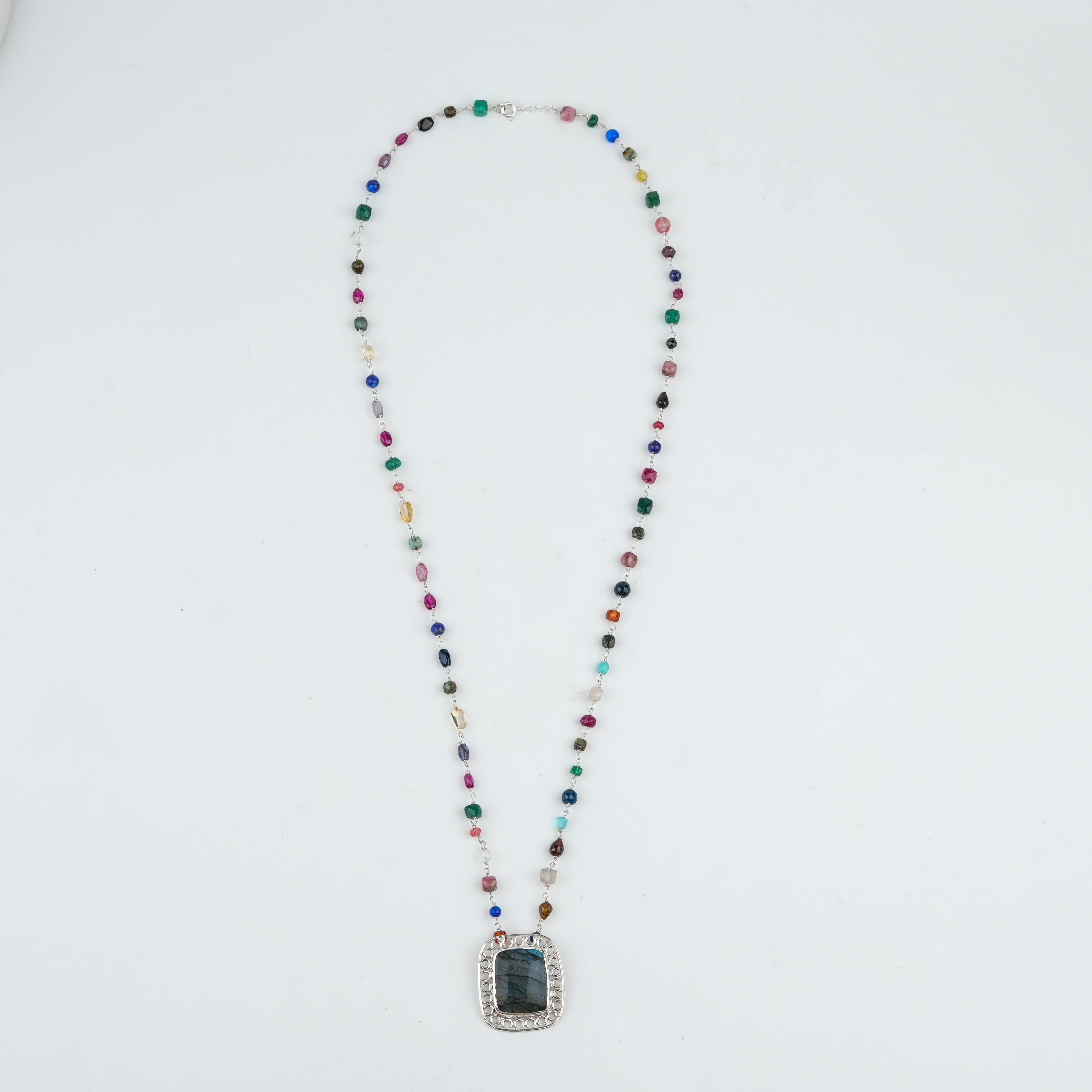 Luxe Necklace – Square Labradorite & Multicolour Stone Ganthan