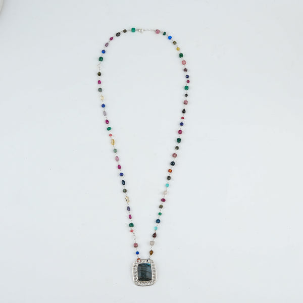 Luxe Necklace – Square Labradorite & Multicolour Stone Ganthan