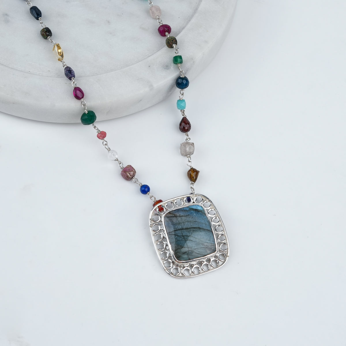 Luxe Necklace – Square Labradorite & Multicolour Stone Ganthan