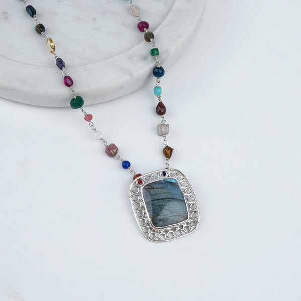 Luxe Necklace – Square Labradorite & Multicolour Stone Ganthan