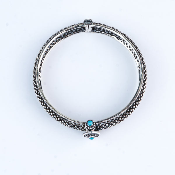 Silver Oxidised Textured Bangle with Blue Stone