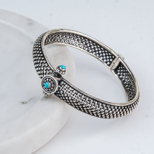 Silver Oxidised Textured Bangle with Blue Stone