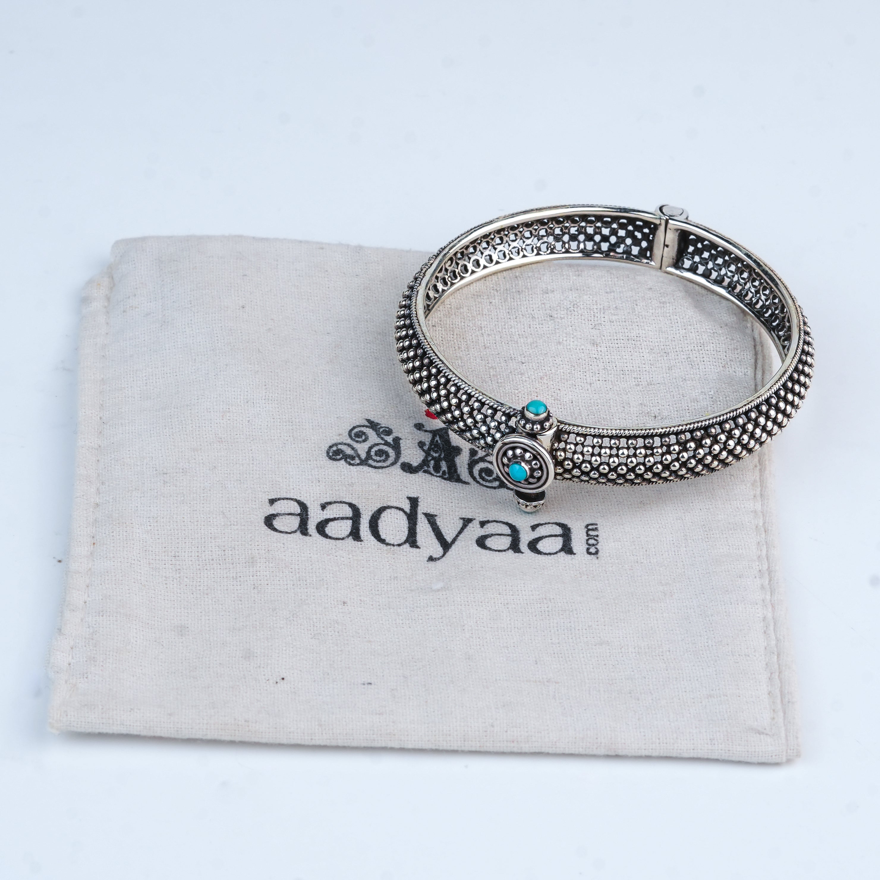 Silver Oxidised Textured Bangle with Blue Stone