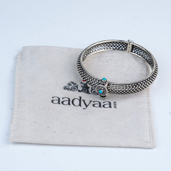 Silver Oxidised Textured Bangle with Blue Stone