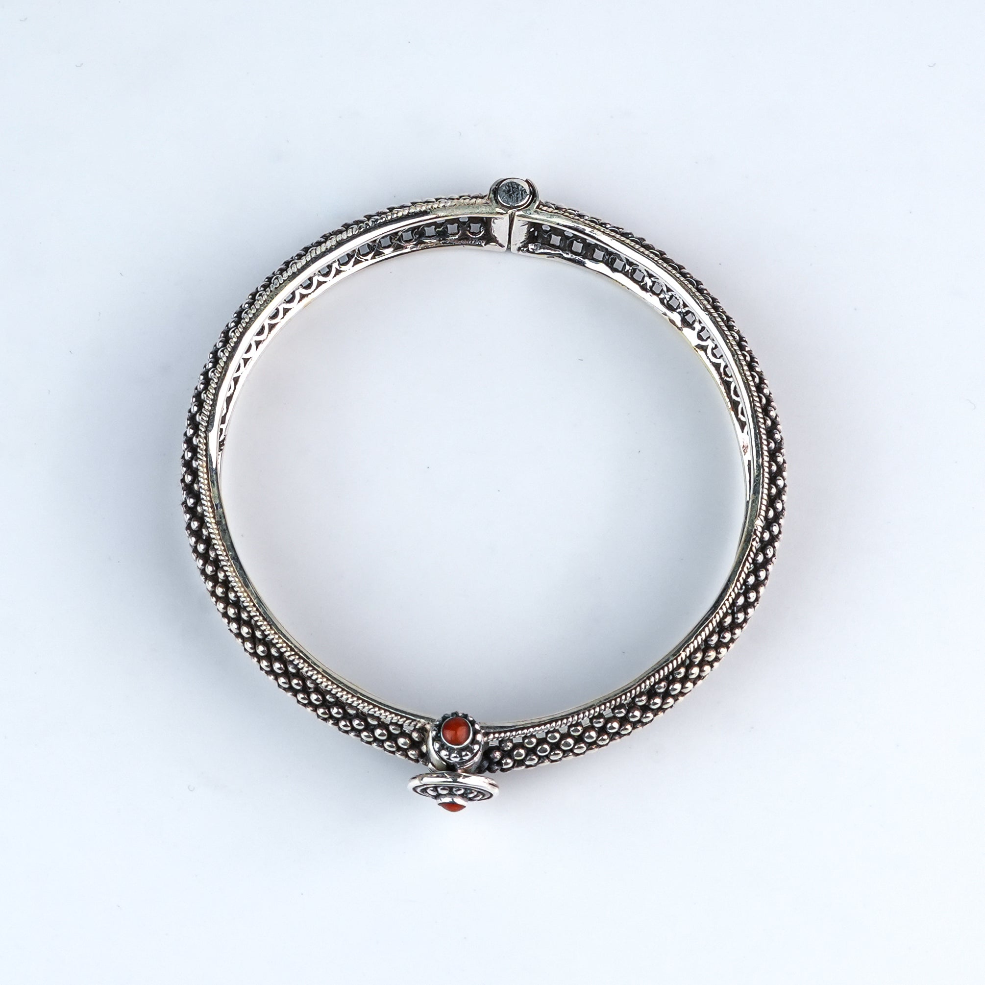 Silver Oxidised Textured Bangle with Red Stone