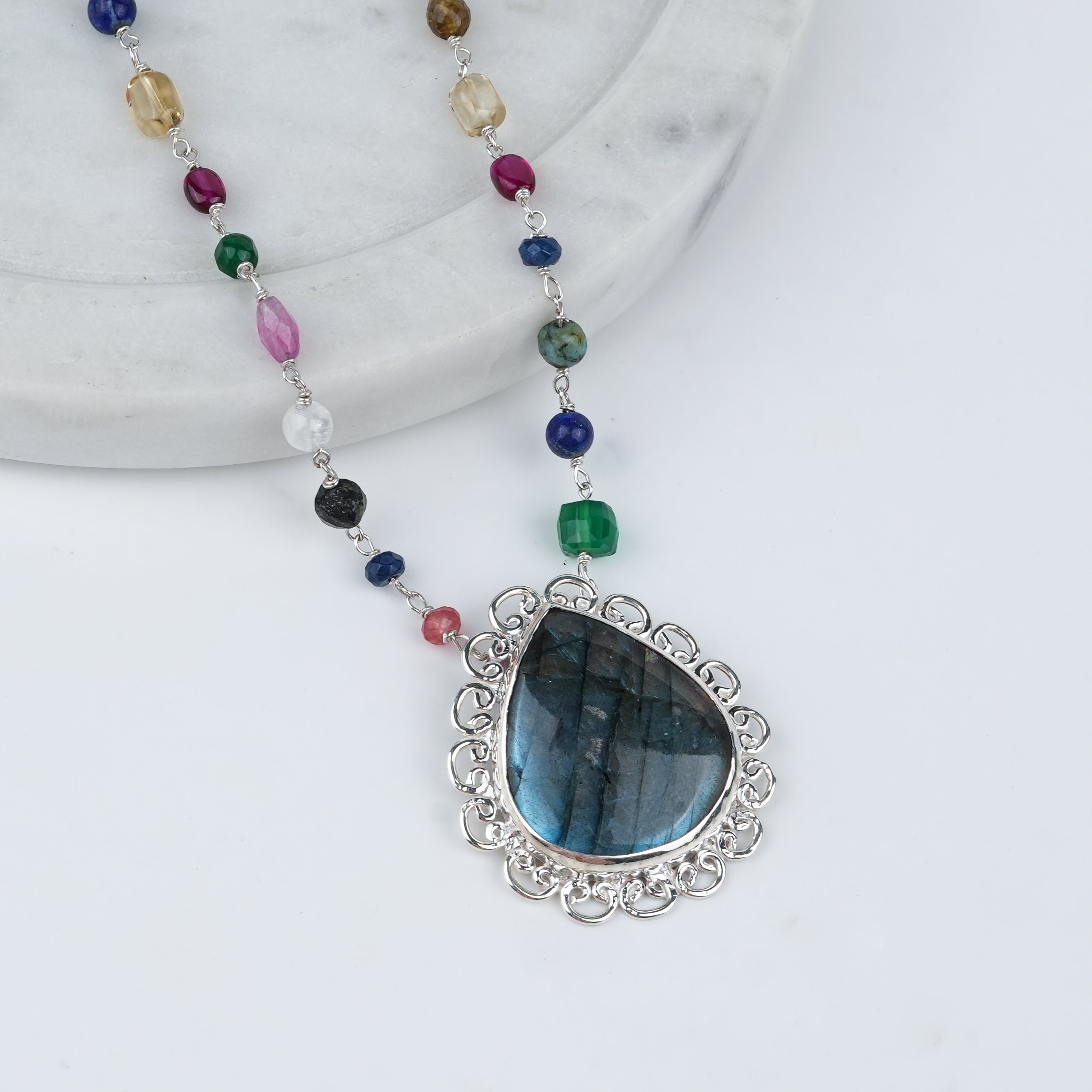 Luxe Necklace – Labradorite & Multicolour Stone Ganthan