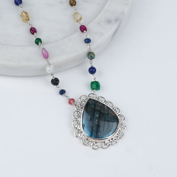 Luxe Necklace – Labradorite & Multicolour Stone Ganthan