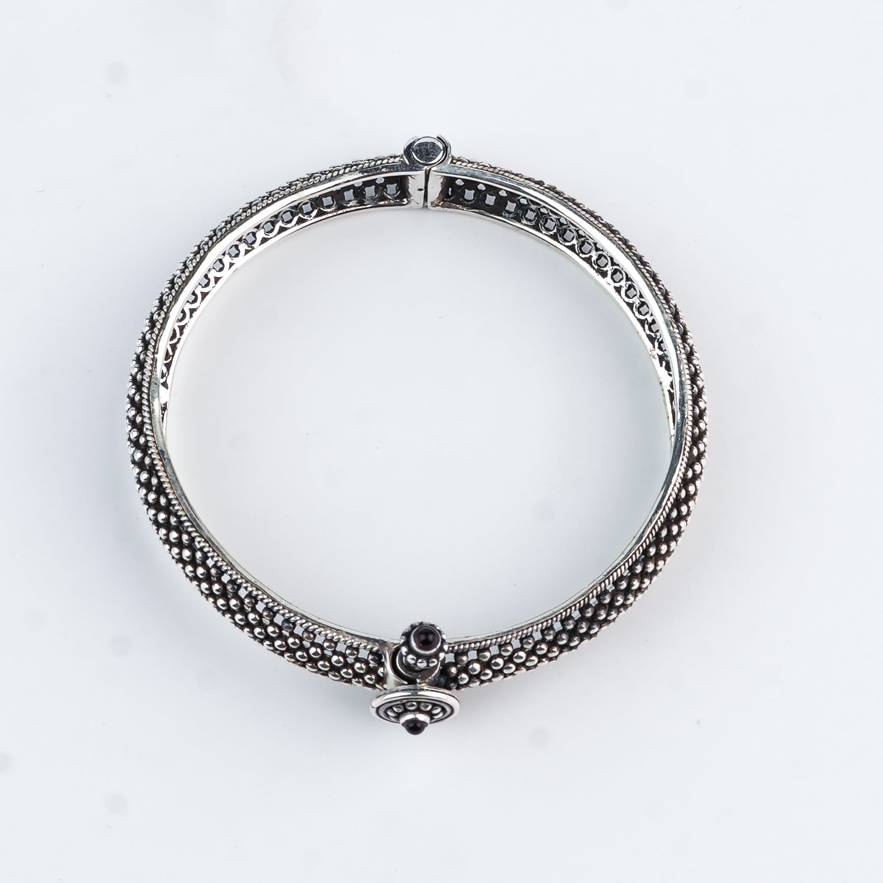 Silver Oxidised Textured Bangle with Maroon Stone