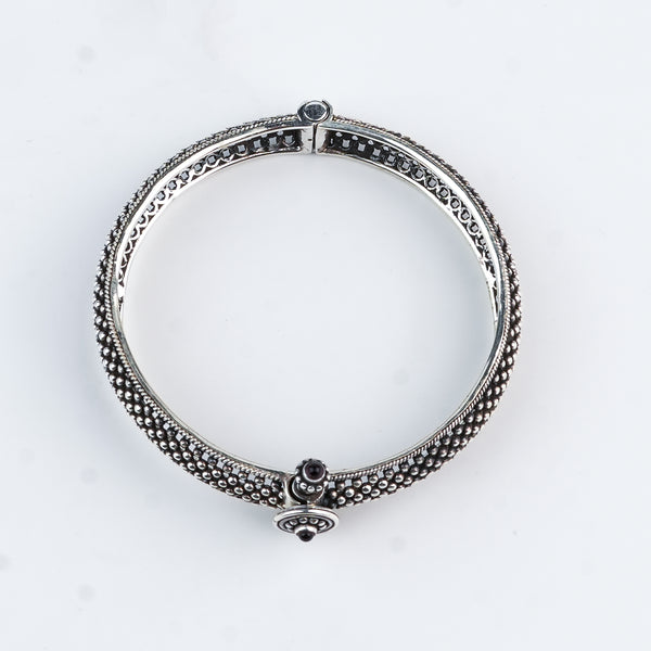 Silver Oxidised Textured Bangle with Maroon Stone