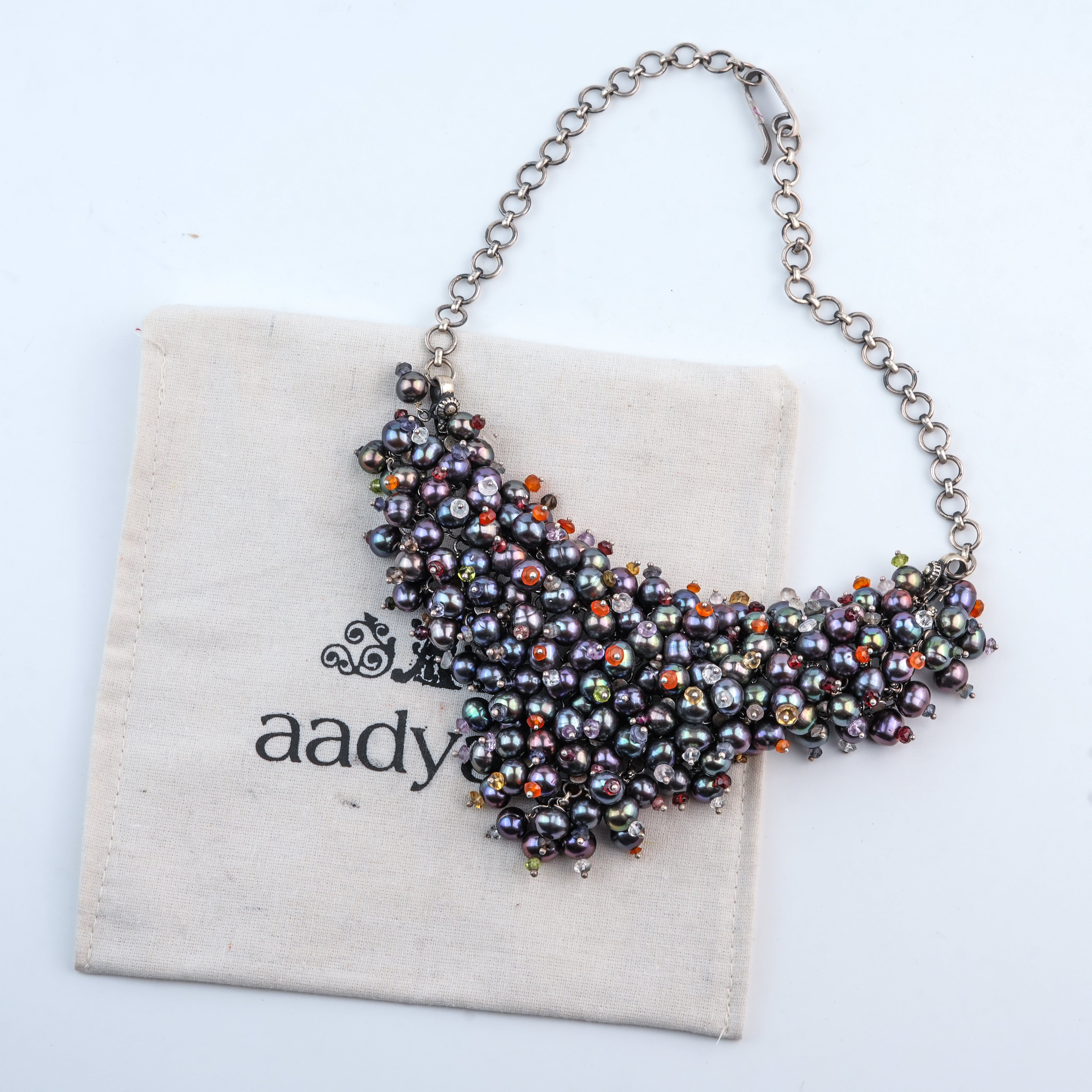 Silver Statement Necklace with Black Baroque Pearls & Semi-Precious Stones