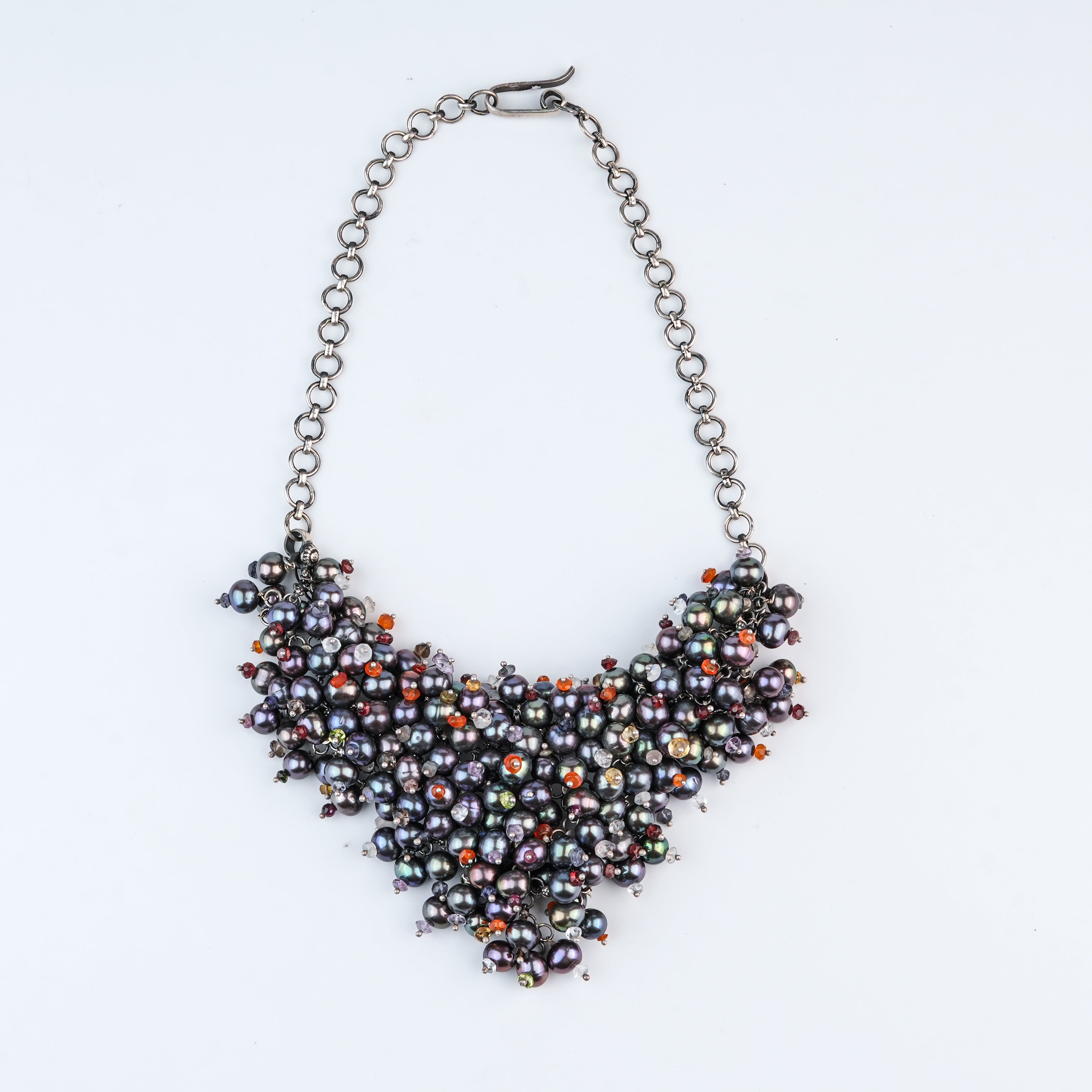 Silver Statement Necklace with Black Baroque Pearls & Semi-Precious Stones