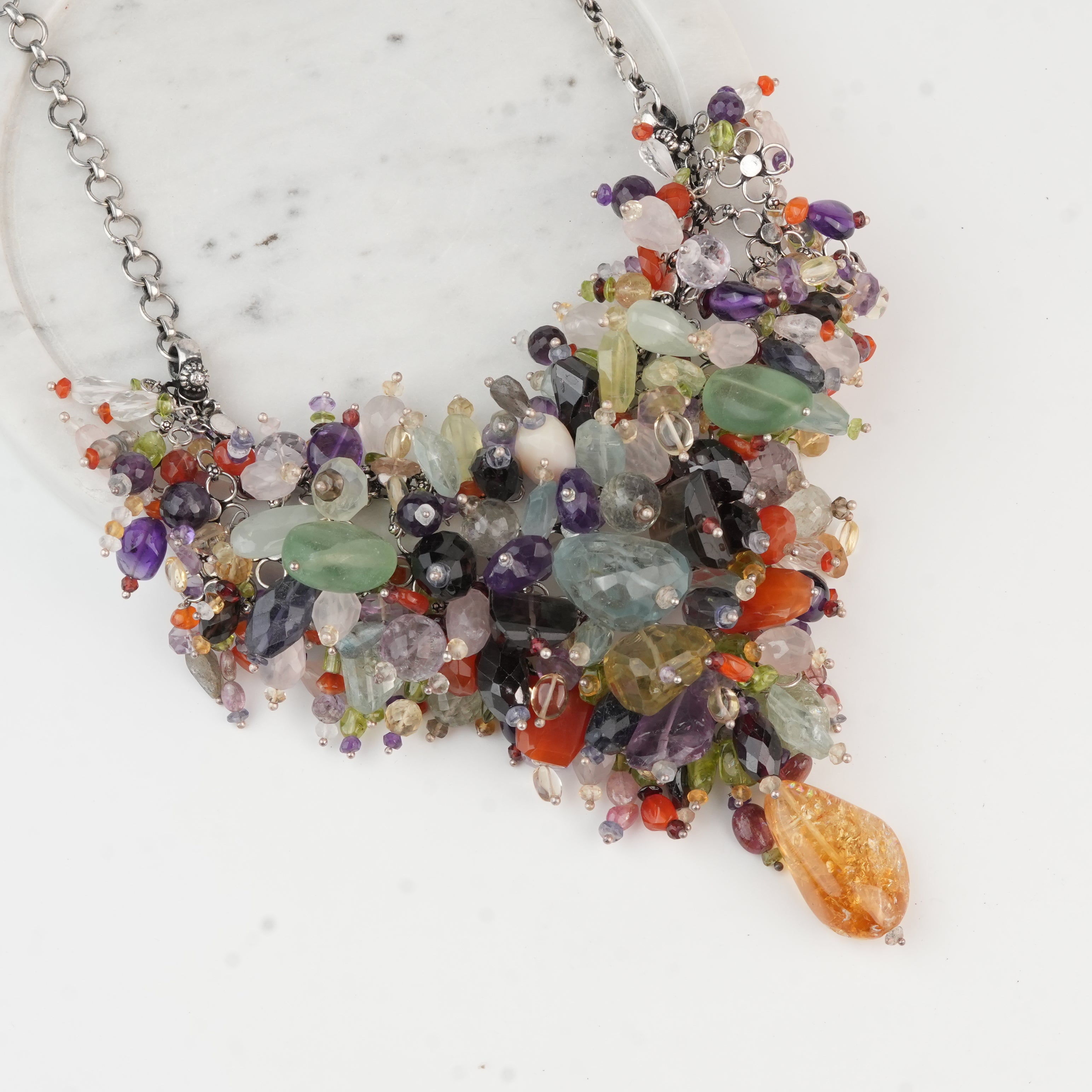 Silver Statement Necklace with Multicolour Stones