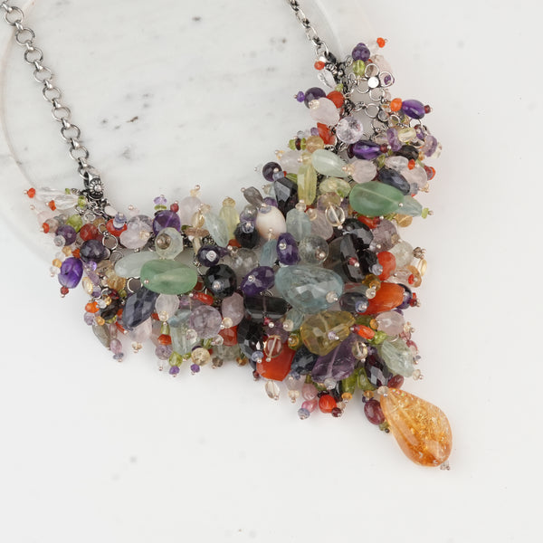 Silver Statement Necklace with Multicolour Stones