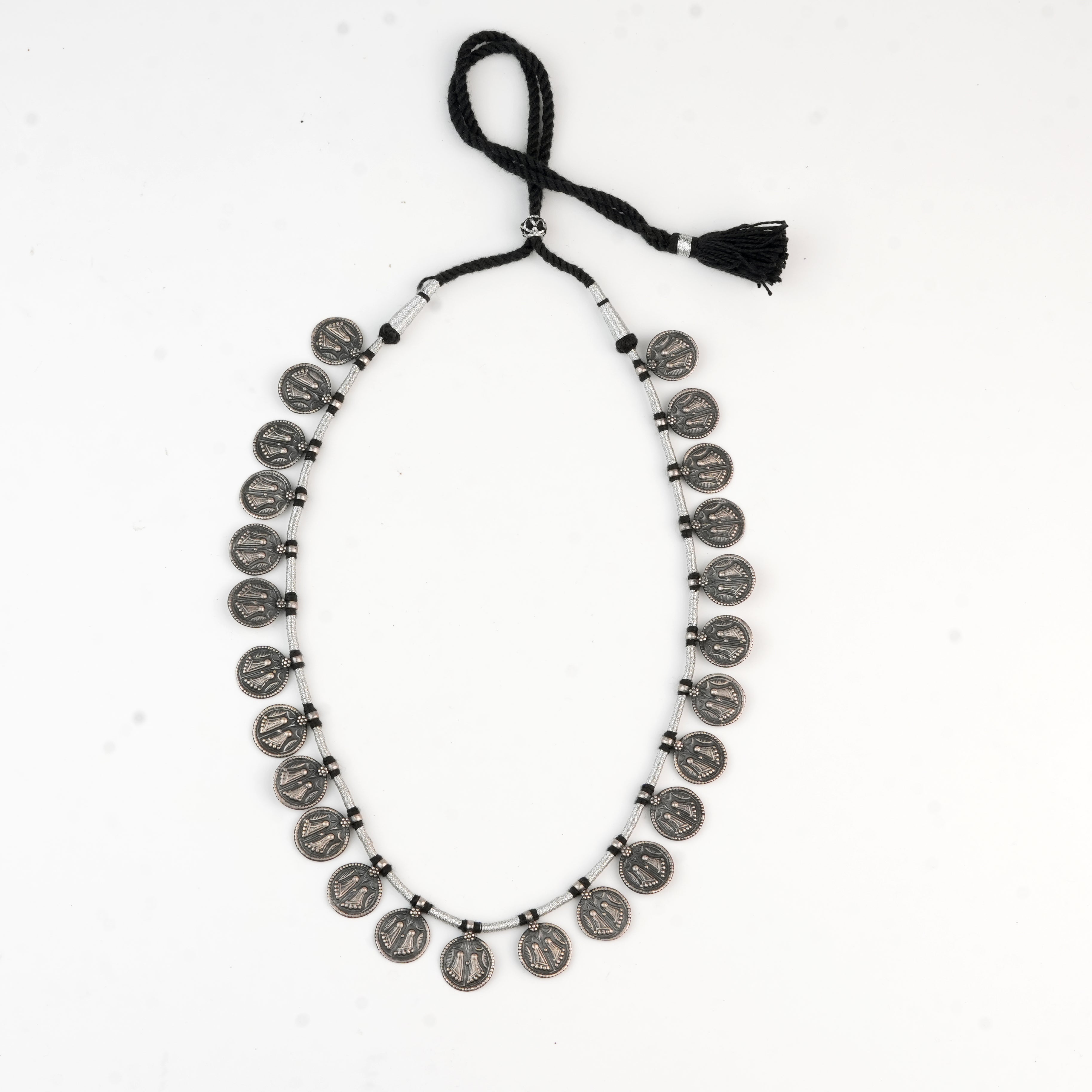 Silver Oxidised Coin Putali Necklace with Black Thread