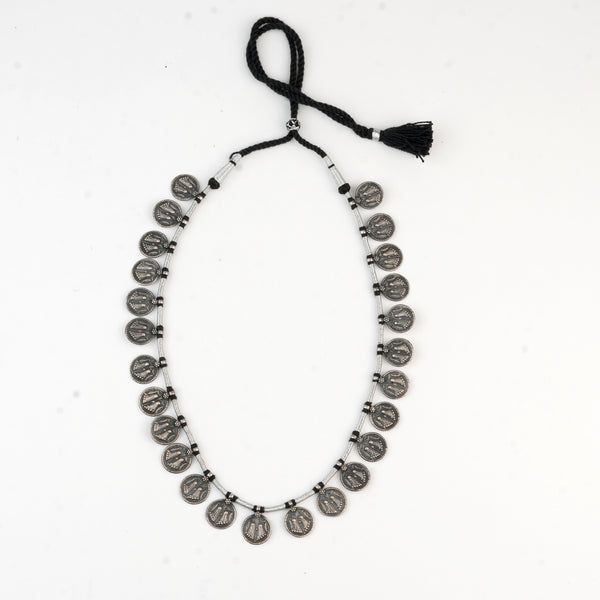 Silver Oxidised Coin Putali Necklace with Black Thread