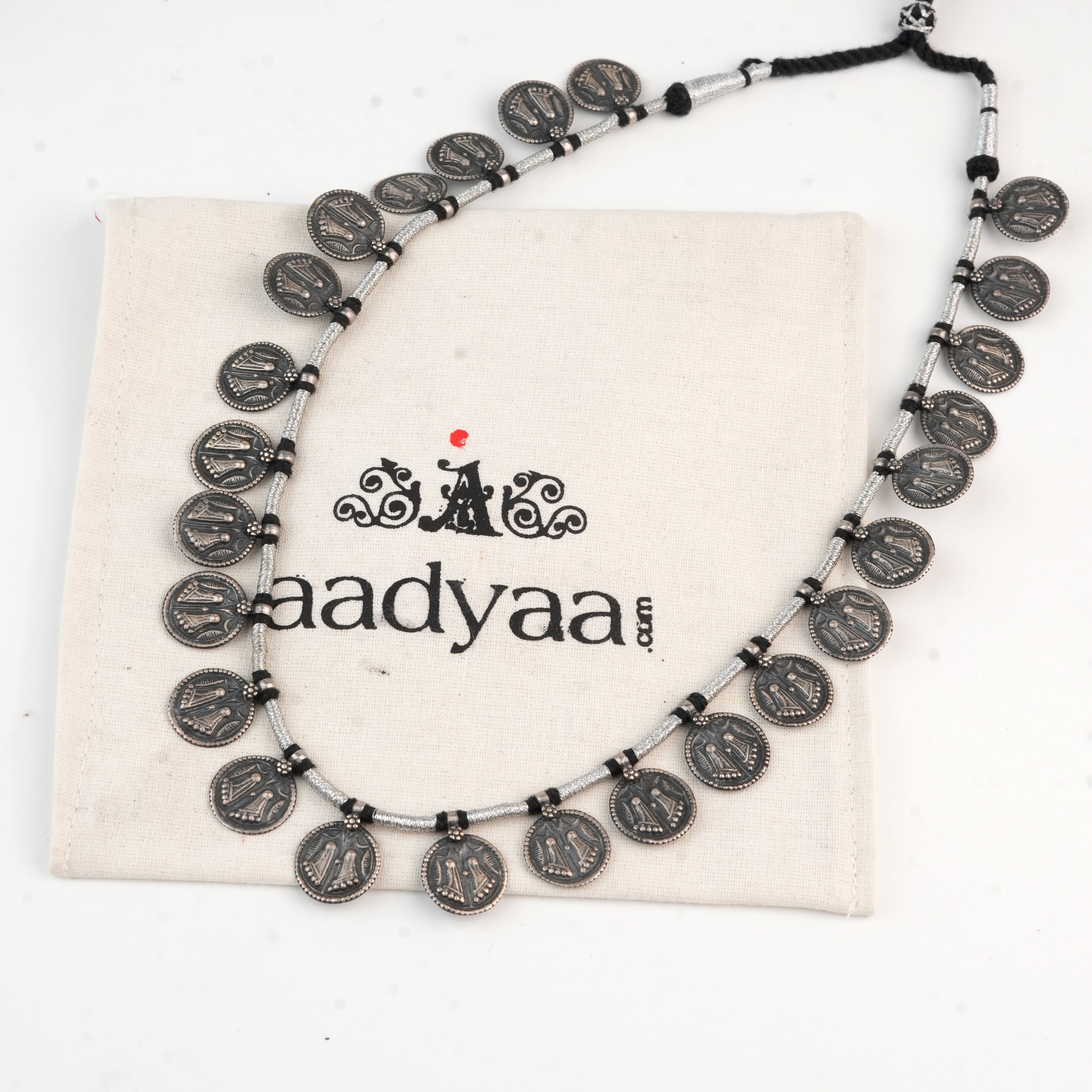 Silver Oxidised Putali Coin Necklace with Black Thread