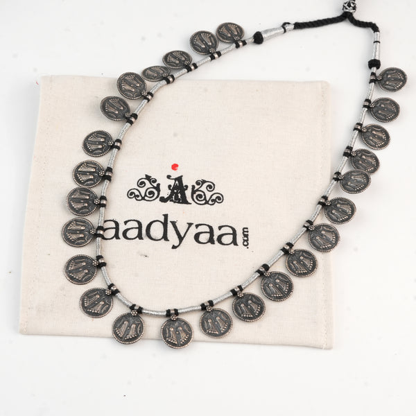 Silver Oxidised Putali Coin Necklace with Black Thread