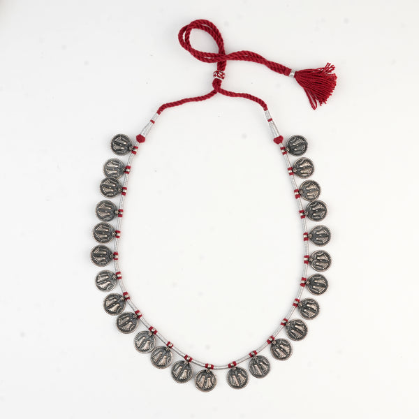 Silver Oxidised Putali Coin Necklace with Red Thread