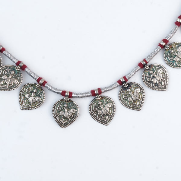 Silver Oxidised Leaf-Shaped Putali Necklace with Red Thread