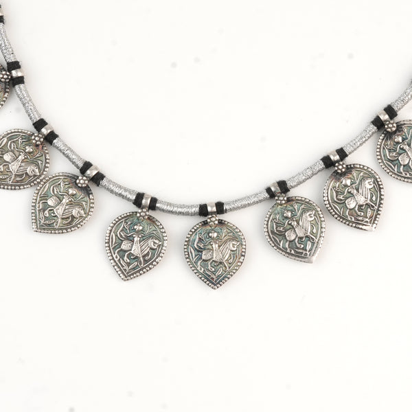 Silver Oxidised Leaf-Shaped Putali Necklace with Black Thread