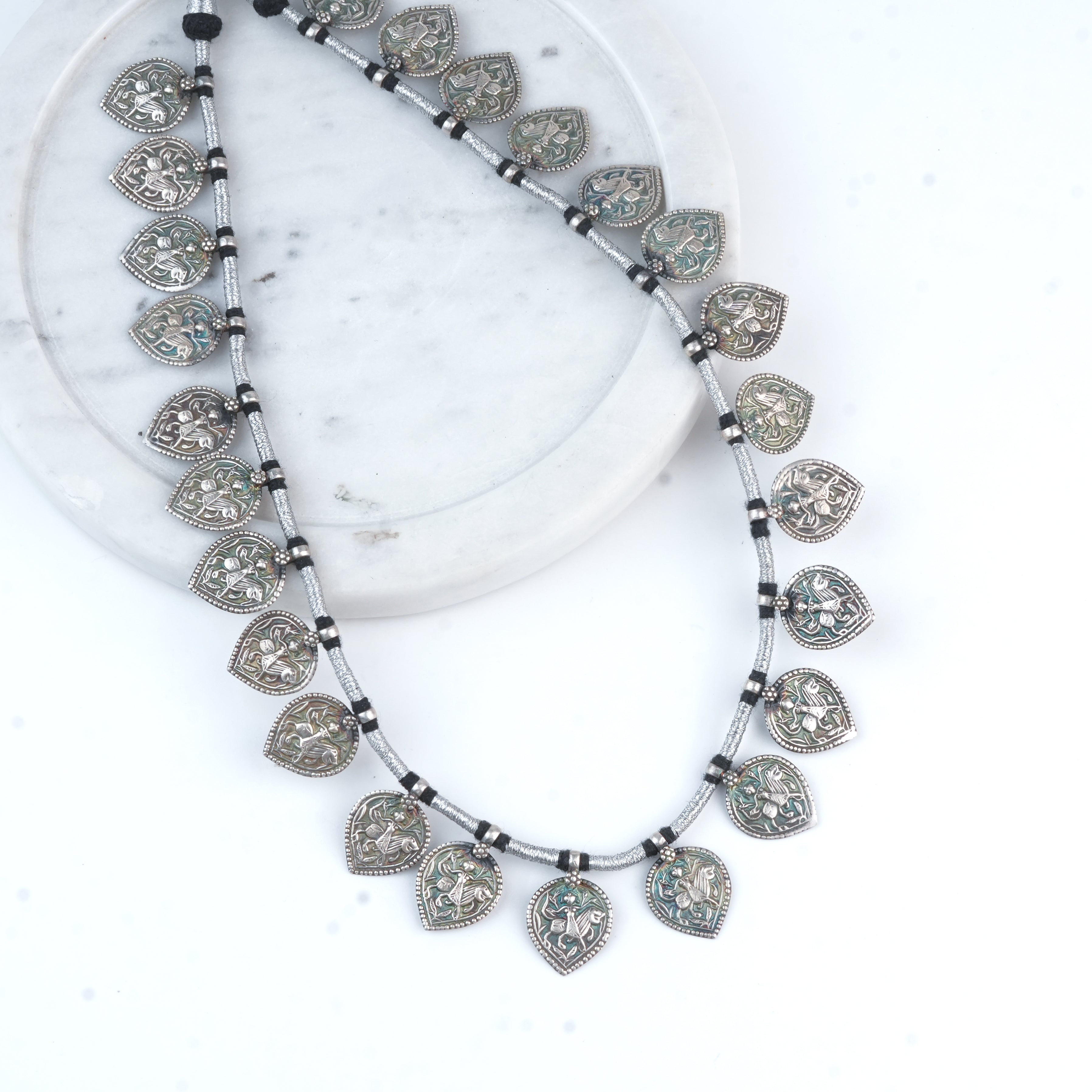 Silver Oxidised Leaf-Shaped Putali Necklace with Black Thread