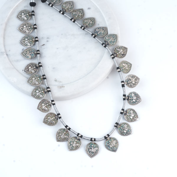 Silver Oxidised Leaf-Shaped Putali Necklace with Black Thread