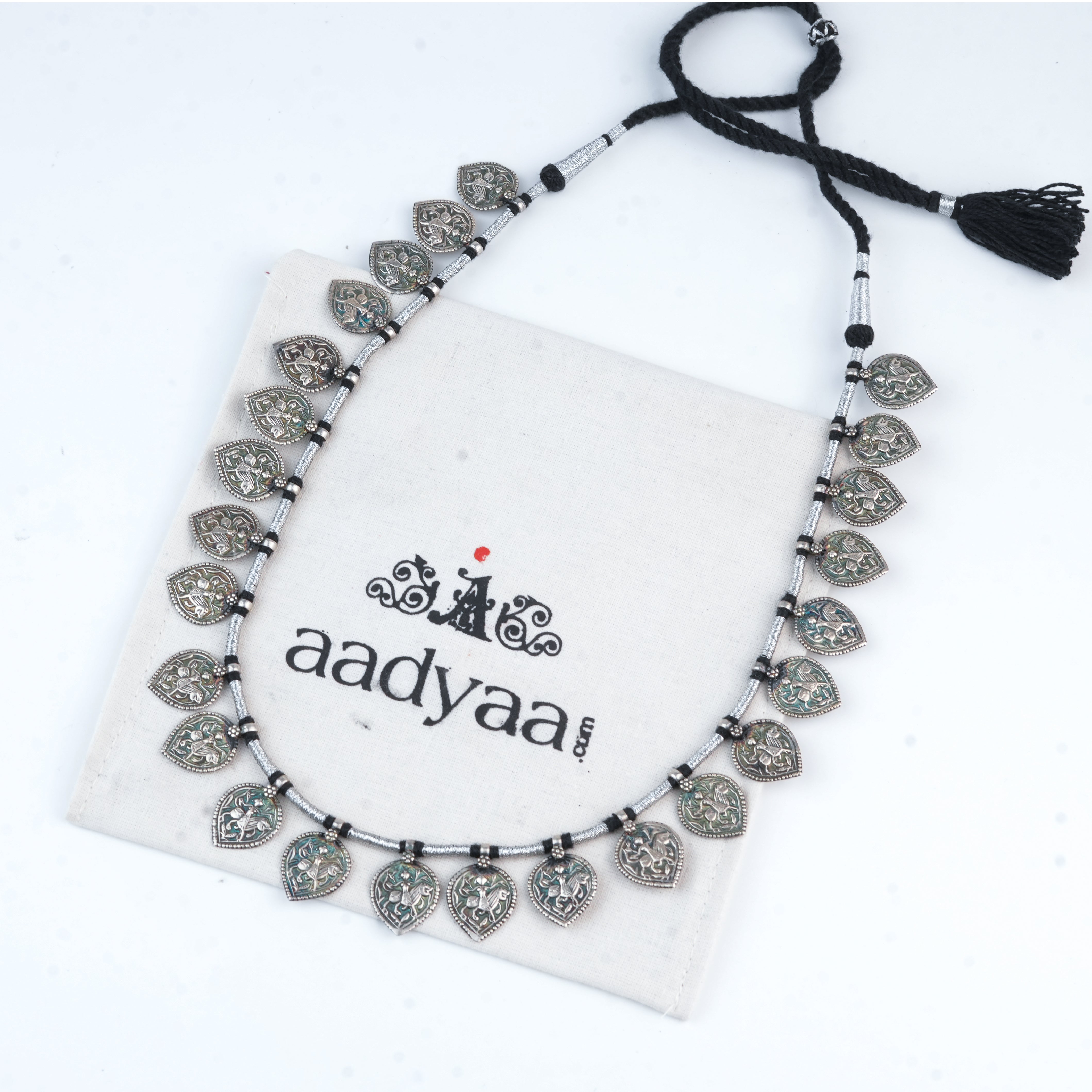 Silver Oxidised Leaf-Shaped Putali Necklace with Black Thread