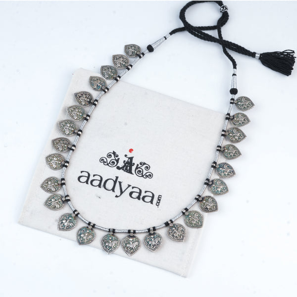 Silver Oxidised Leaf-Shaped Putali Necklace with Black Thread