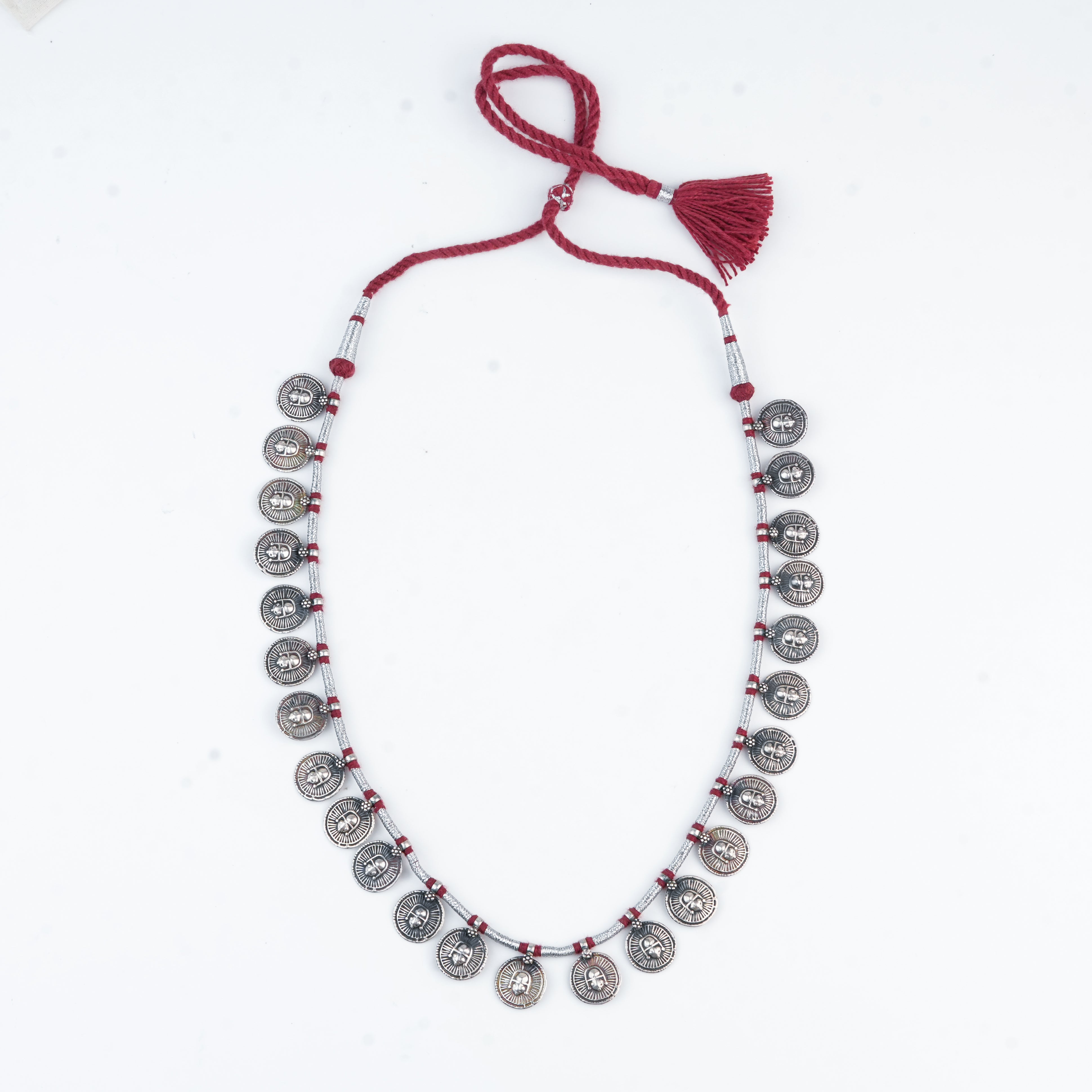 Silver Oxidised Coin Putali Necklace with Red Thread