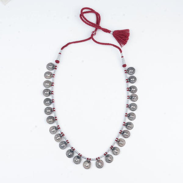 Silver Oxidised Coin Putali Necklace with Red Thread