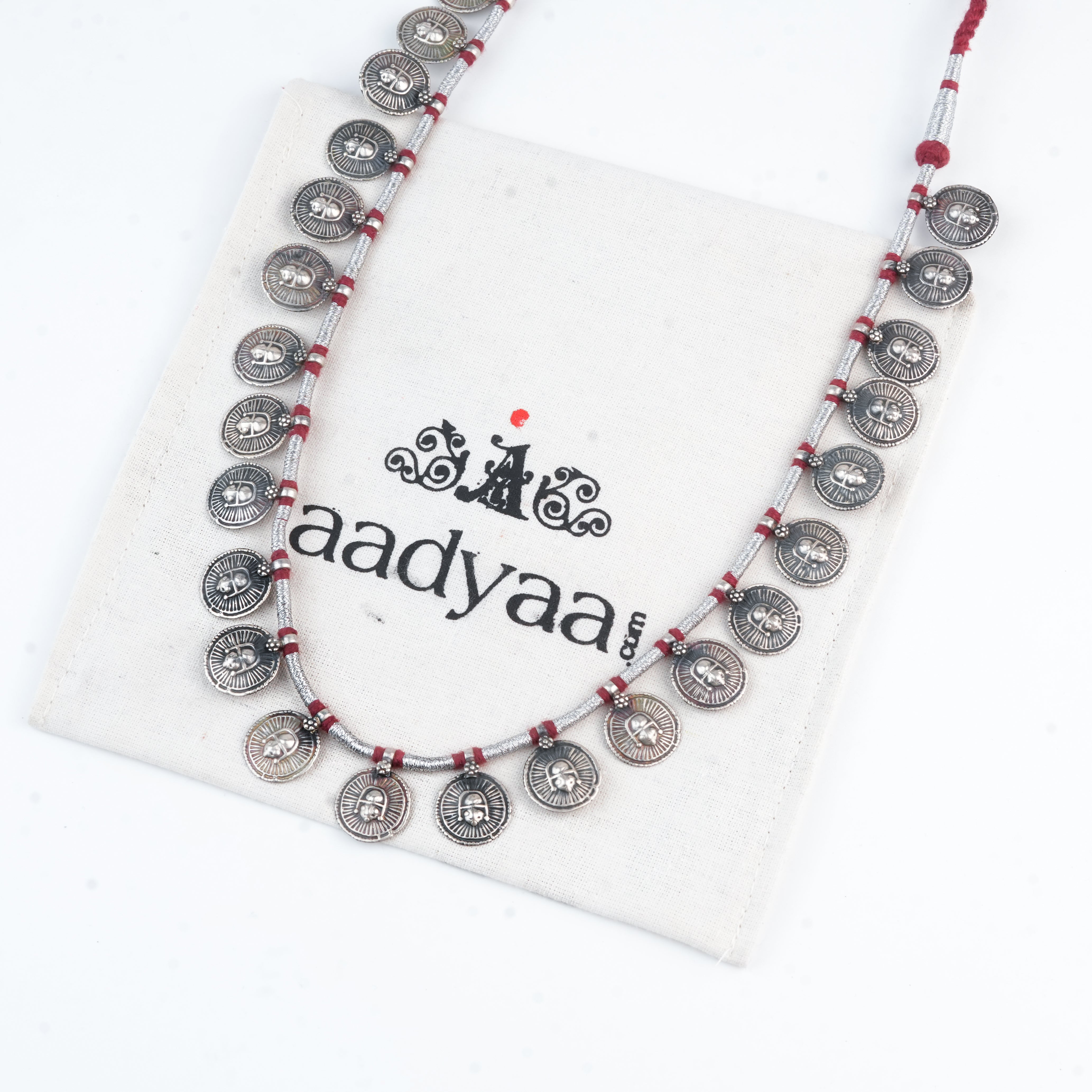 Silver Oxidised Coin Putali Necklace with Red Thread